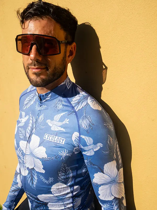 Maui Men's Blue Long Sleeve Summer Cycling Jersey on model