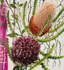 Floral pattern featuring pink and orange protea flowers on cycling apparel fabric.
