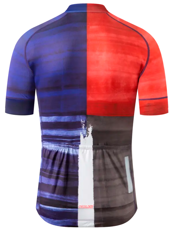 Cycling jersey with red, blue, and black block design 