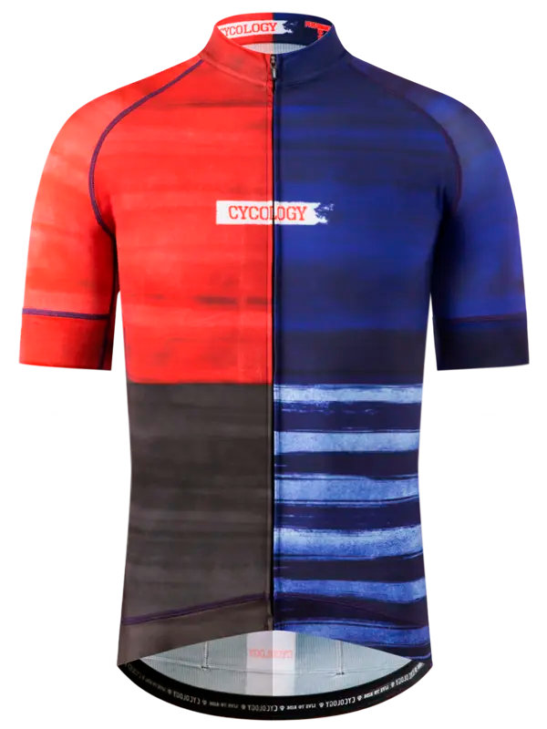 Cycling jersey with red, blue, and black block design 