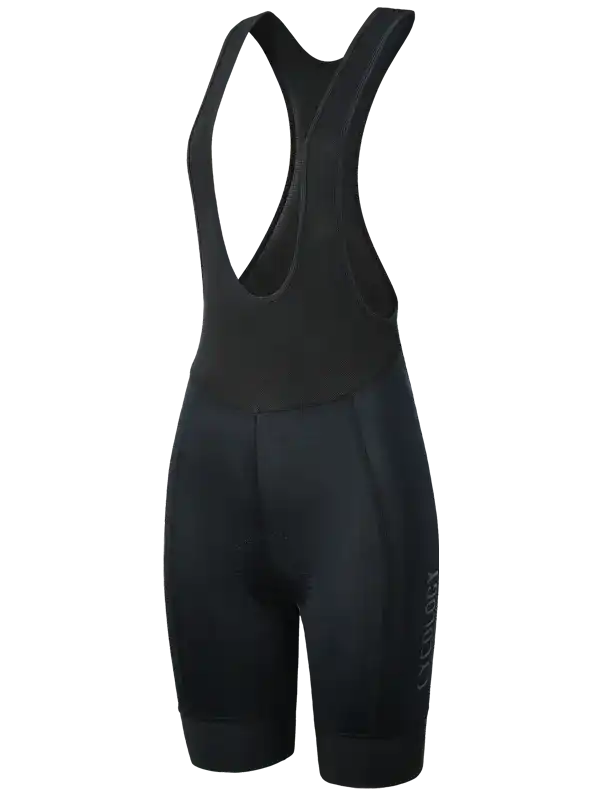 Women's black cycling bib shorts with a wide shoulder strap and a vertical 'CYCOLOGY' logo printed on the lower left leg