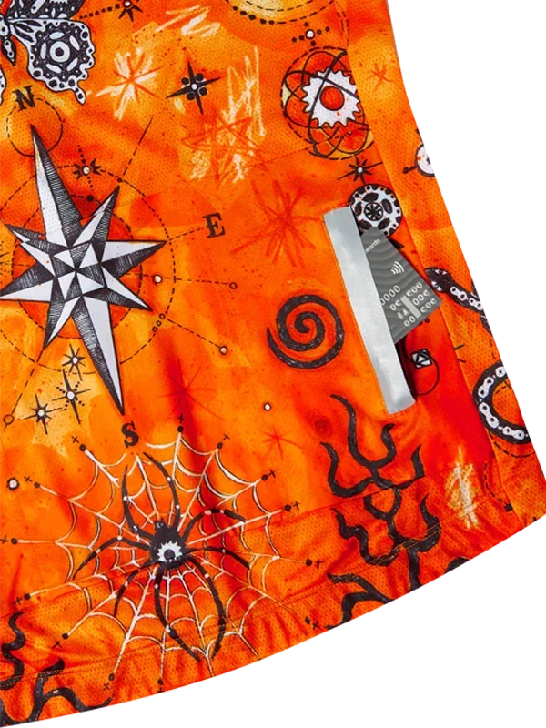 Vibrant orange cycling jersey with Halloween spiderweb, compass, and gear graphics for men's or women's rides
