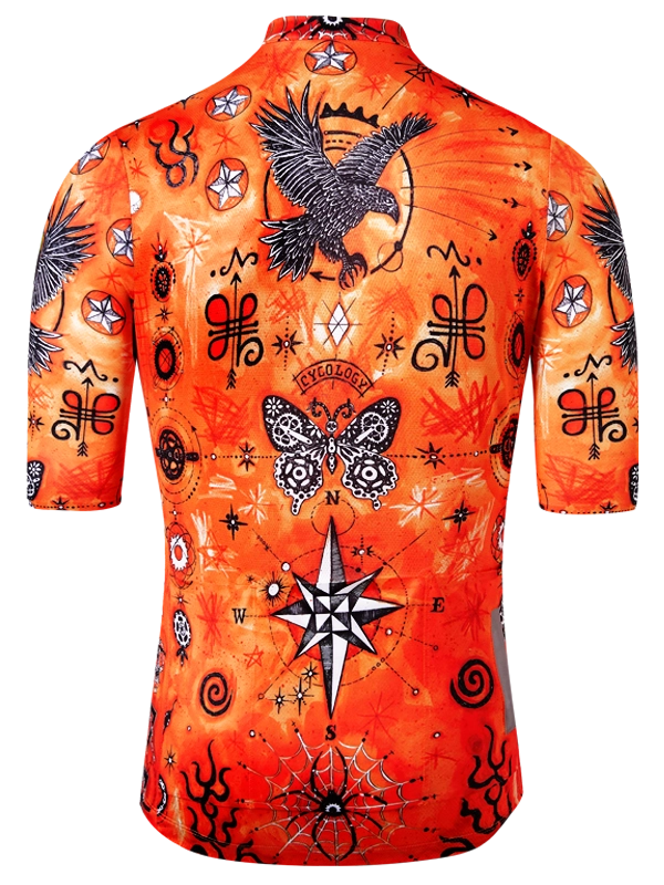 Orange short sleeve cycling jersey with black tattoo-style designs 
