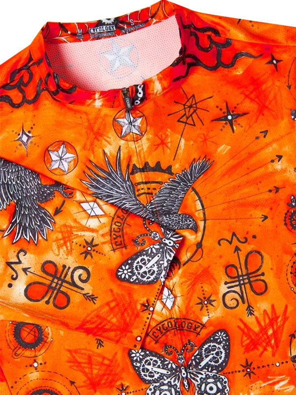 Vibrant orange cycling jersey with black bird and butterfly designs, ideal for men's and women's rides.