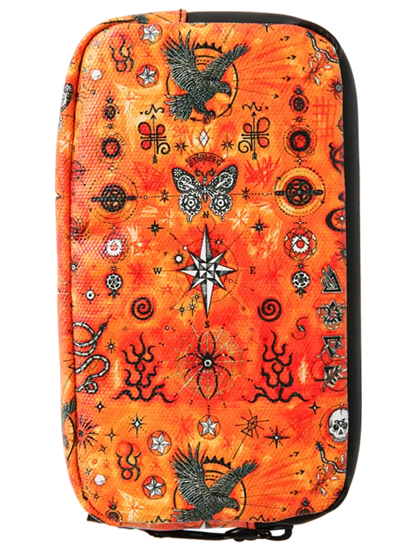 An orange zippered cycling wallet featuring a detailed black and white occult and mystical pattern with stars, butterflies, snakes, and symbols, shown against a plain white background.