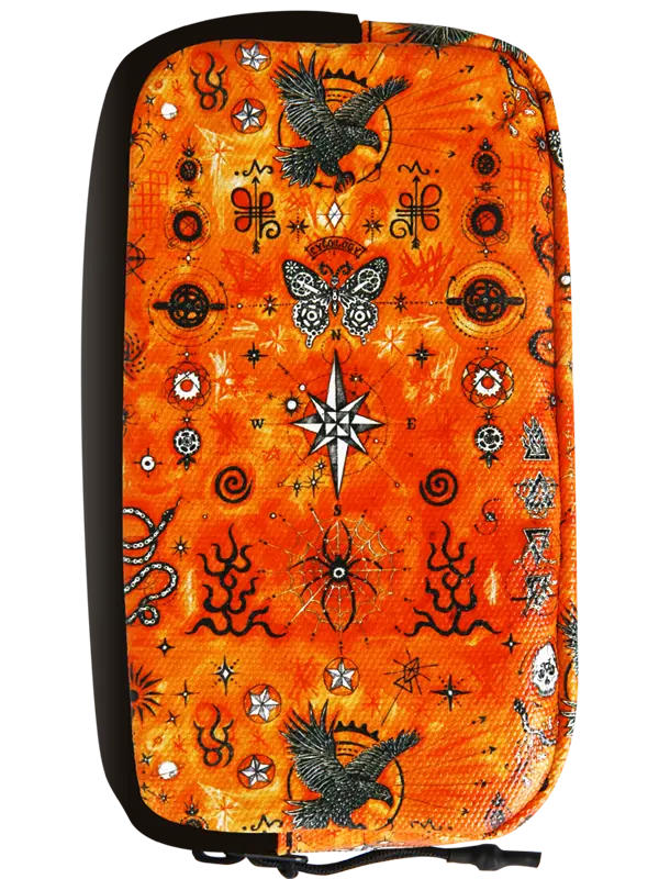 An orange zippered cycling wallet featuring a detailed black and white occult and mystical pattern with stars, butterflies, snakes, and symbols, shown against a plain white background.