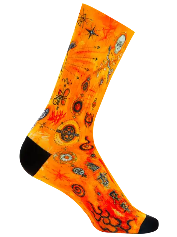 Vibrant orange cycling sock with mystical symbols and black toe/heel, perfect for men's or women's bike rides.