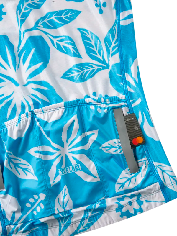 Blue and white floral patterned short sleeve  cycling jersey