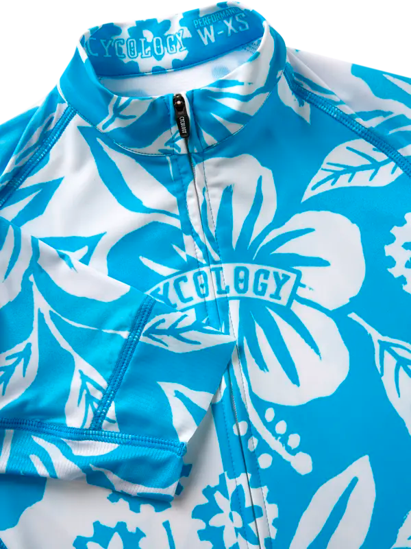 Blue and white floral patterned short sleeve  cycling jersey