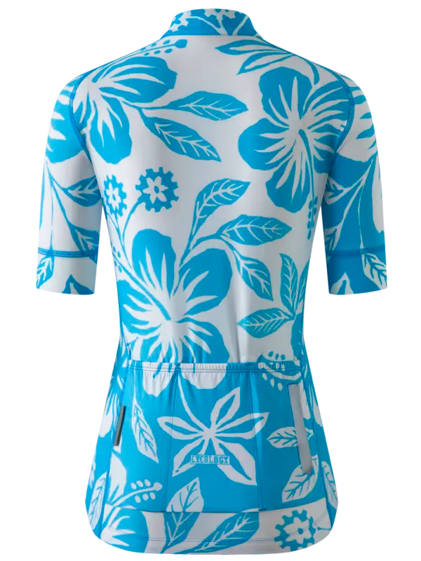 Blue and white floral patterned short sleeve  cycling jersey