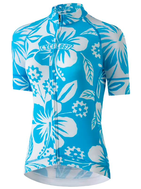 Blue cycling jersey with white floral pattern 