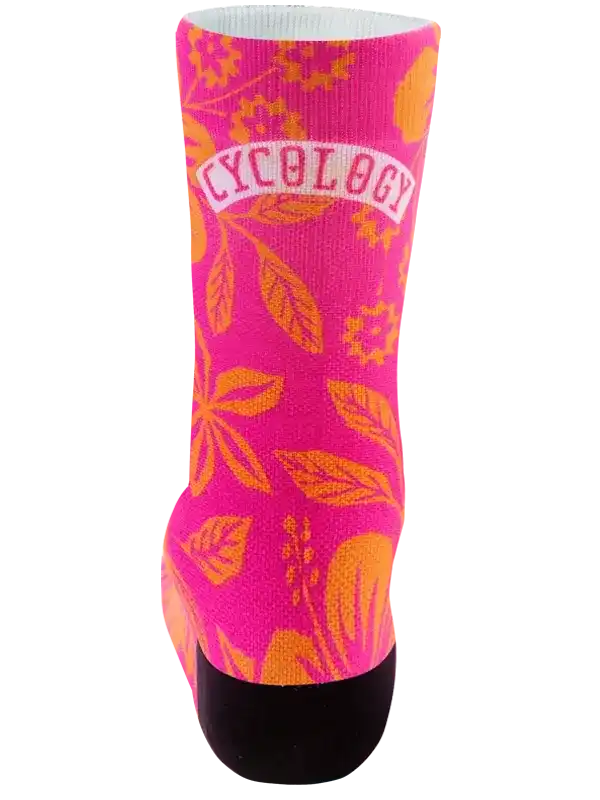 Pink cycling sock with orange leaf pattern and 'CYCOLOGY' logo, ideal for men's and women's bike rides