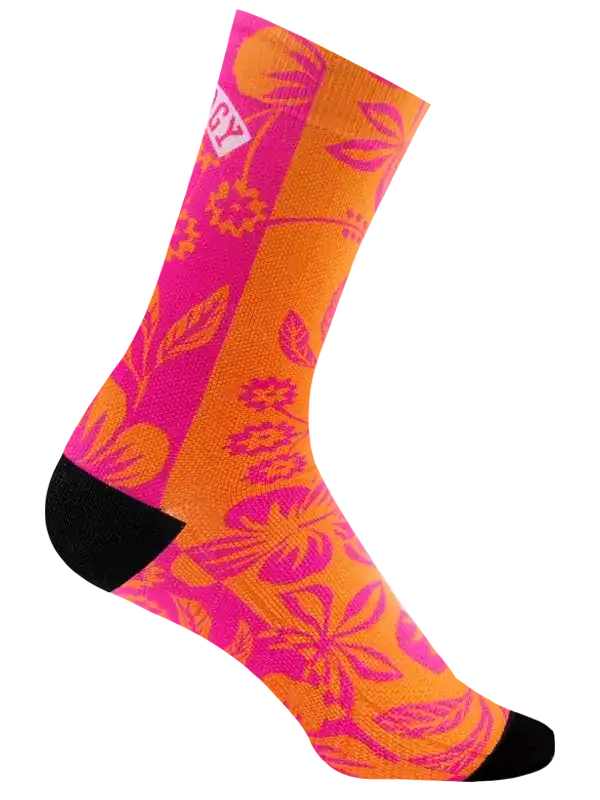 Vibrant pink and orange floral cycling socks with black toe, designed for comfort and style on rides.