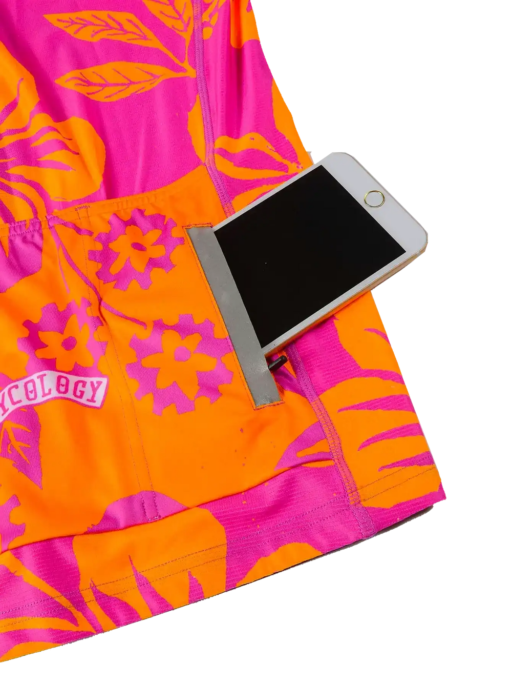 Vibrant pink and orange floral cycling jersey with phone pocket, featuring secure storage for rides.