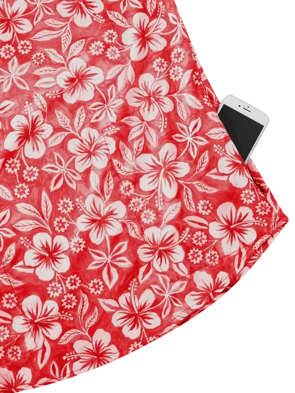 Red floral cycling jersey with phone pocket, featuring hibiscus print and breathable fabric for active rides