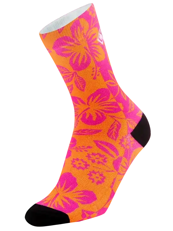 Vibrant orange and pink floral cycling socks with black toe and heel accents