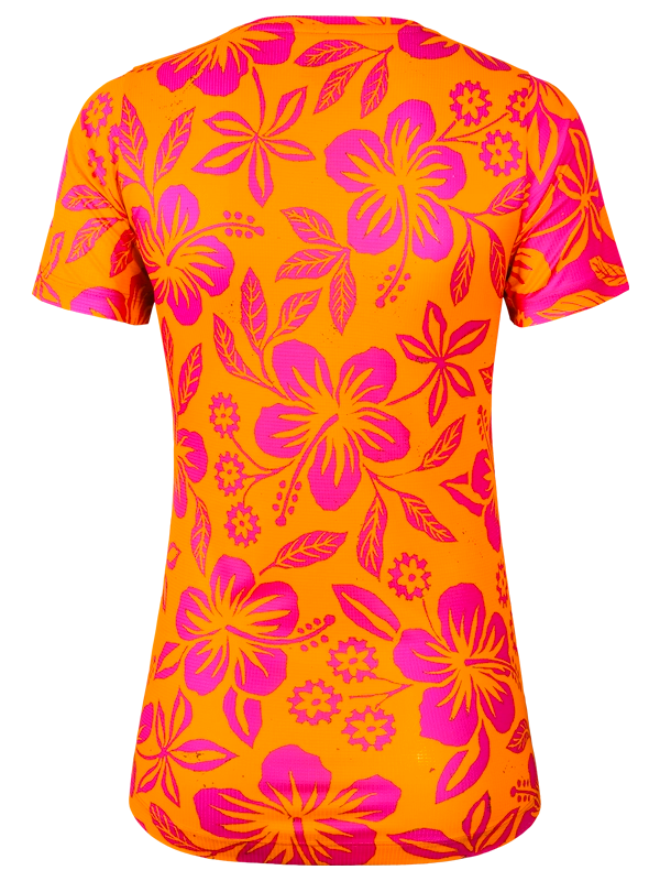 Women's Pink and orange floral patterned tech t shirt with 'Cycology' branding 