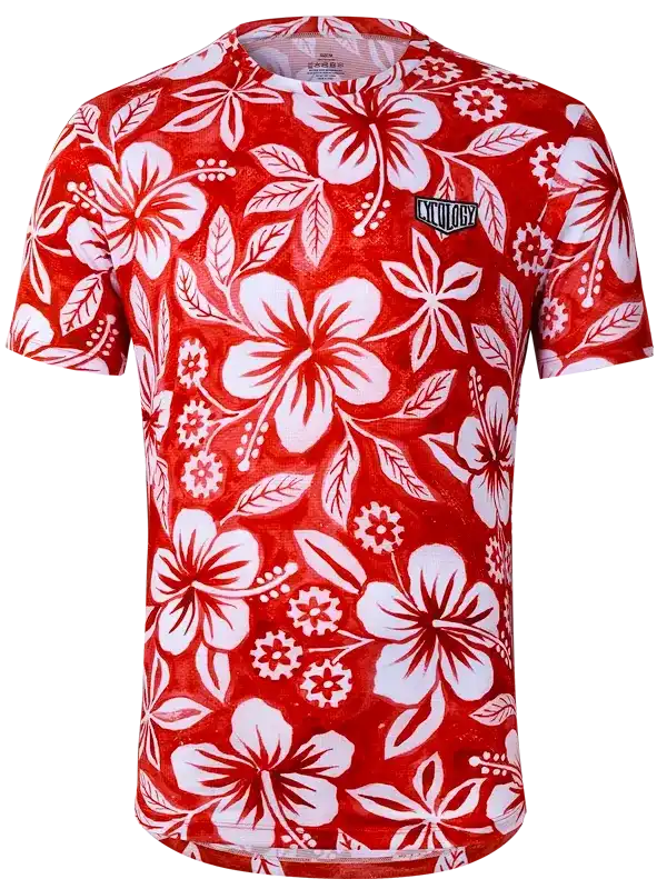 Red cycling jersey with white hibiscus floral print, lightweight fabric for men and women