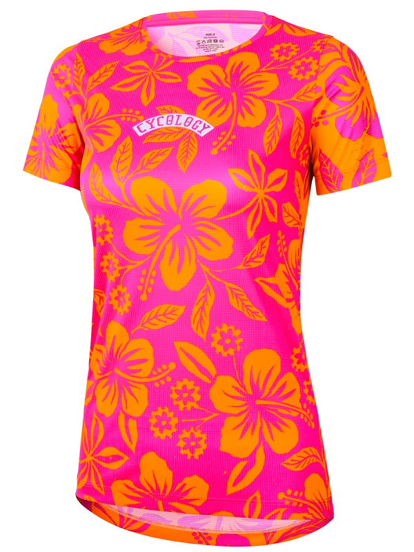 Women's Pink and orange floral patterned tech t shirt with 'Cycology' branding 
