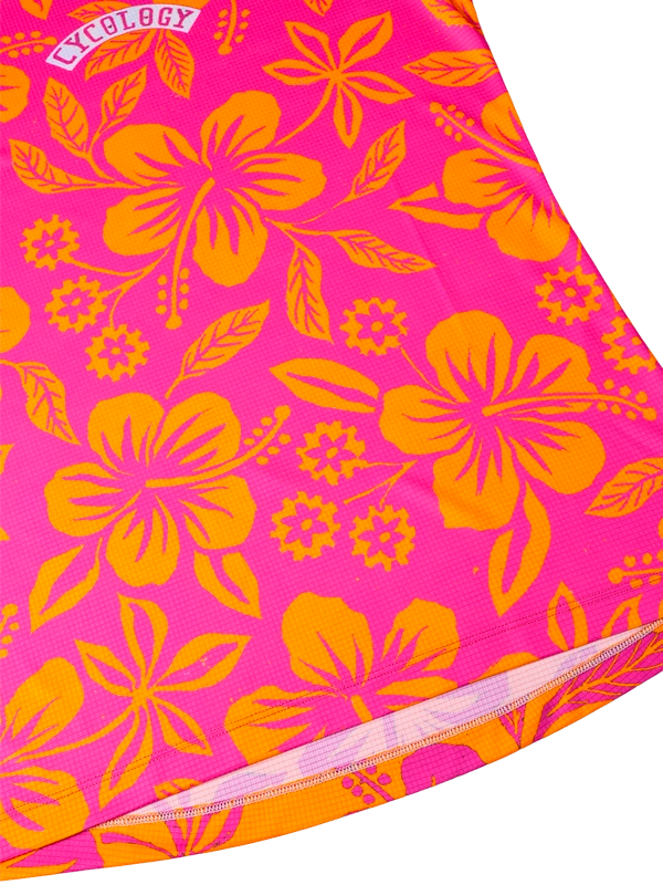 Pink fabric with orange floral pattern and 'Cycology' branding