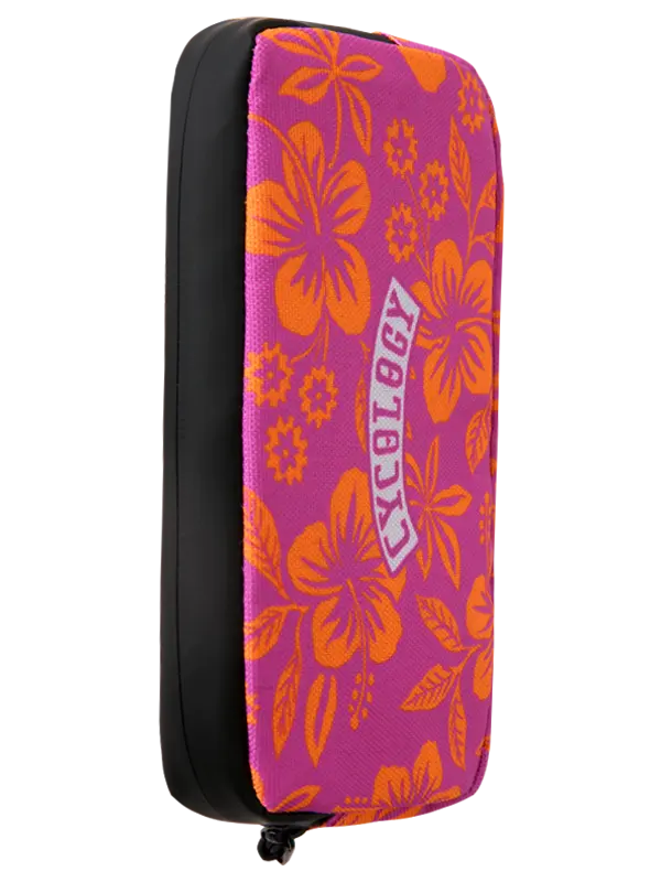 A zippered cycling wallet with a vibrant pink and orange floral pattern, featuring a white arched patch that reads 'CYCOLOGY' in pink lettering.