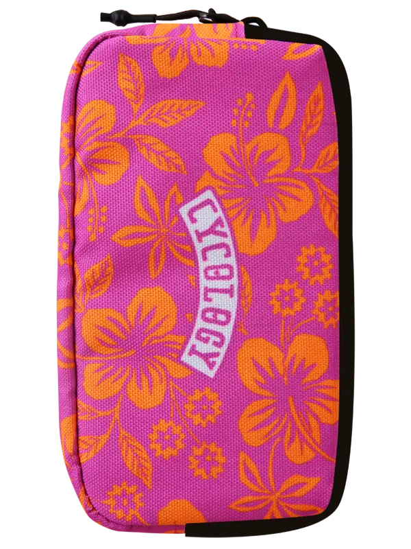 A zippered cycling wallet with a vibrant pink and orange floral pattern, featuring a white arched patch that reads 'CYCLOLOGY' in pink lettering.