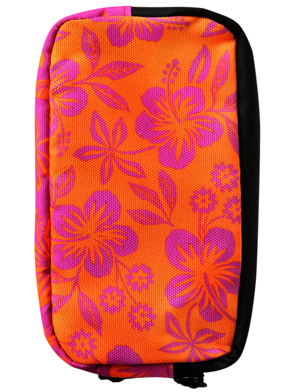 A zippered cycling wallet with a vibrant pink and orange floral pattern, featuring a white arched patch that reads 'CYCLOLOGY' in pink lettering.