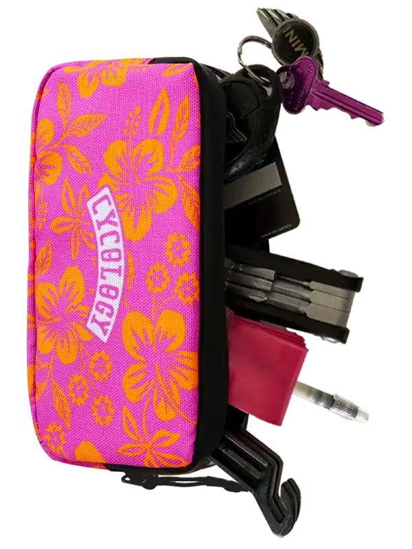 Cycology Oahu Cycling Wallet with pink floral pattern and keys