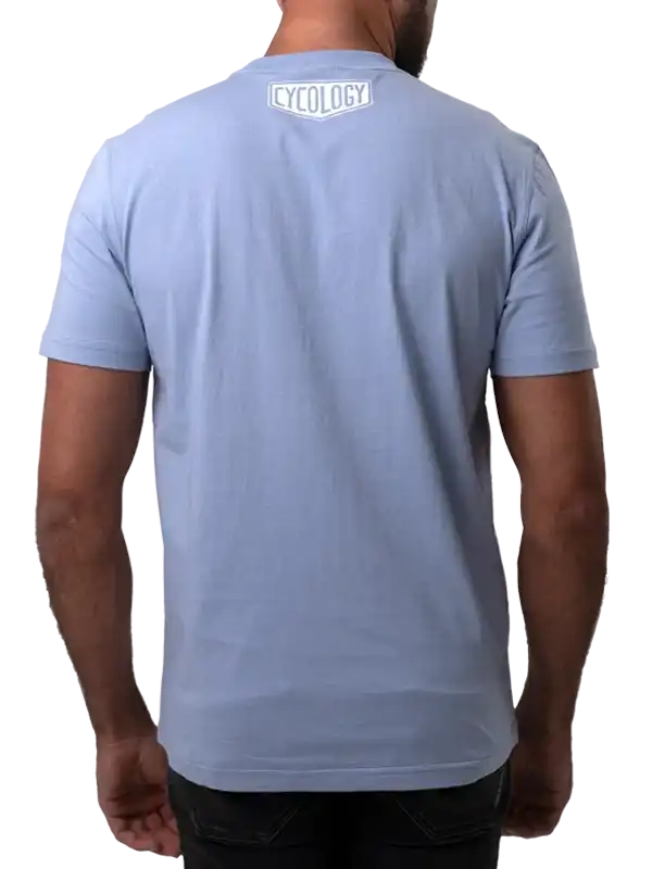 Men's light blue cycling t-shirt with 'CYCOLOGY' logo on back, ideal for active wear and casual style.