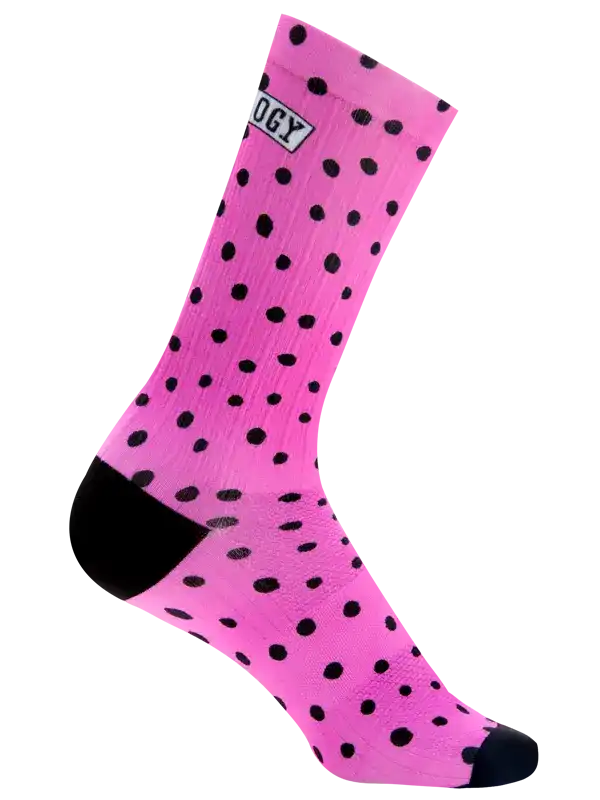 Pink cycling socks with black polka dots and toe heel accents