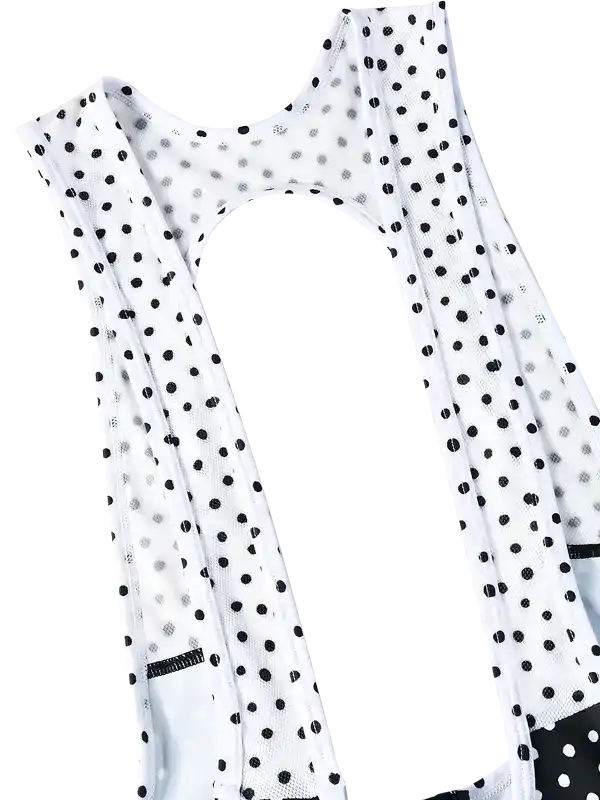 White cycling jersey with black polka dots, breathable mesh fabric, ideal for men's and women's rides