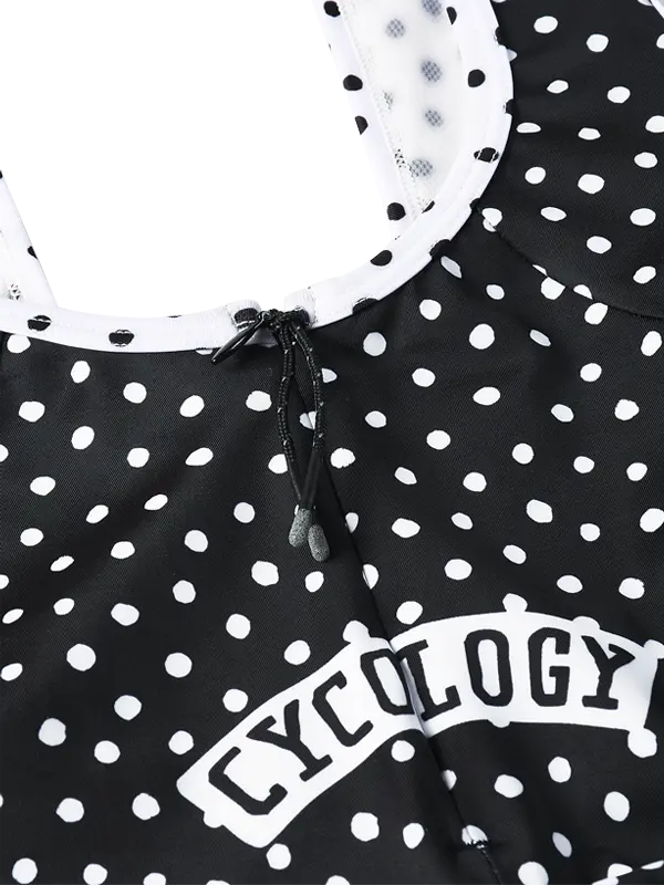Black cycling bib shorts with white polka dot pattern back zipper 