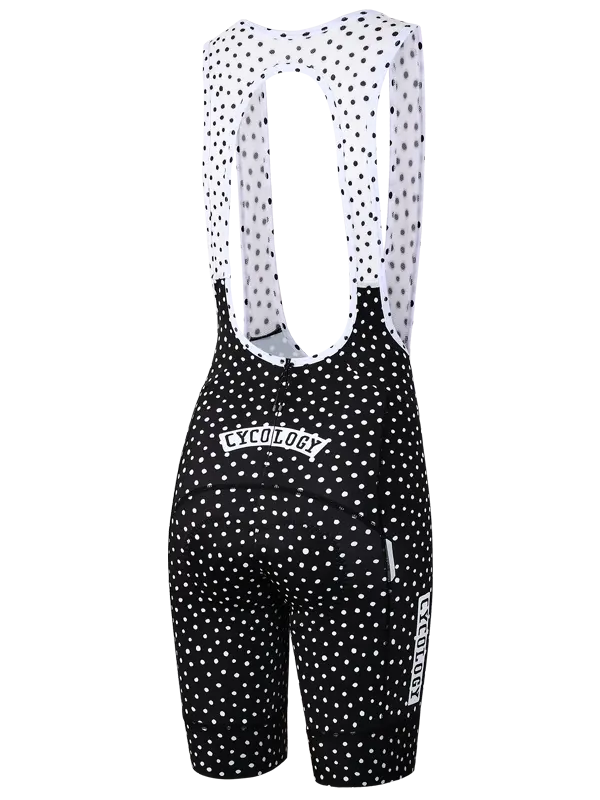 Black cycling bib shorts with white polka dot pattern white braces and back zipper 