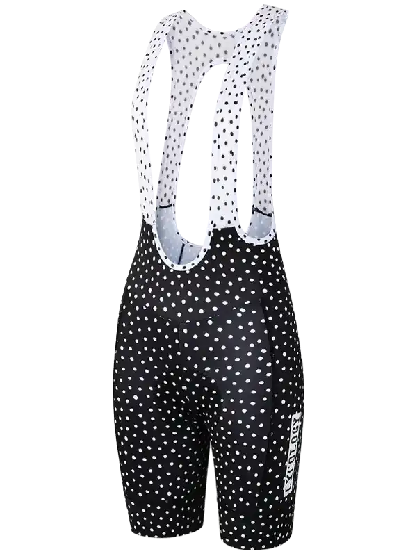 Women's black and white polka dot cycling bib shorts with breathable mesh straps