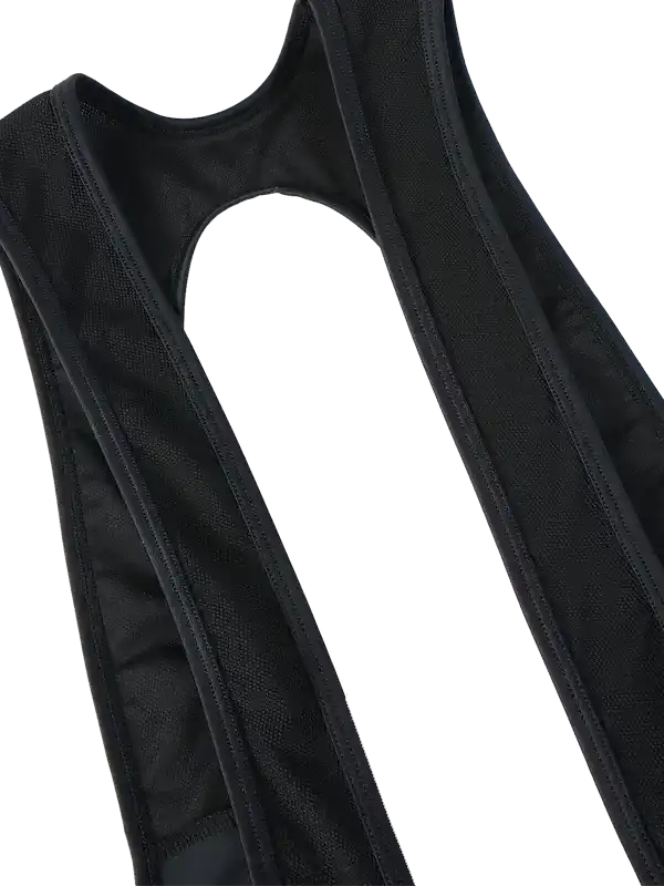 Black cycling bib straps with breathable mesh fabric for comfort and support during rides.