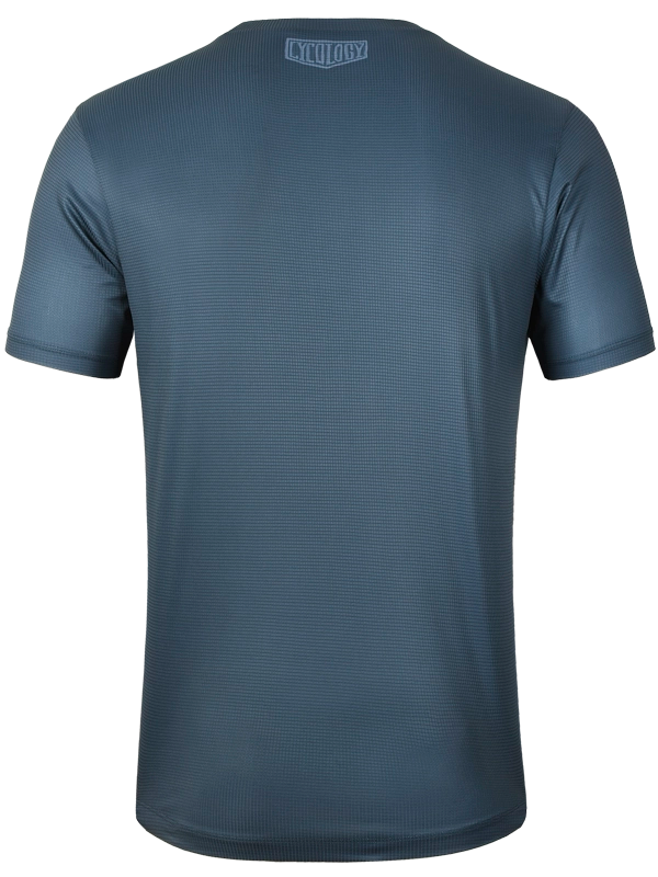 Back view of a blue athletic shirt with a brand logo Cycology