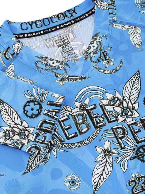 Rebel Pedal Long Sleeve Blue Men's Mountain Bike Jersey neck  | Cycology AUS