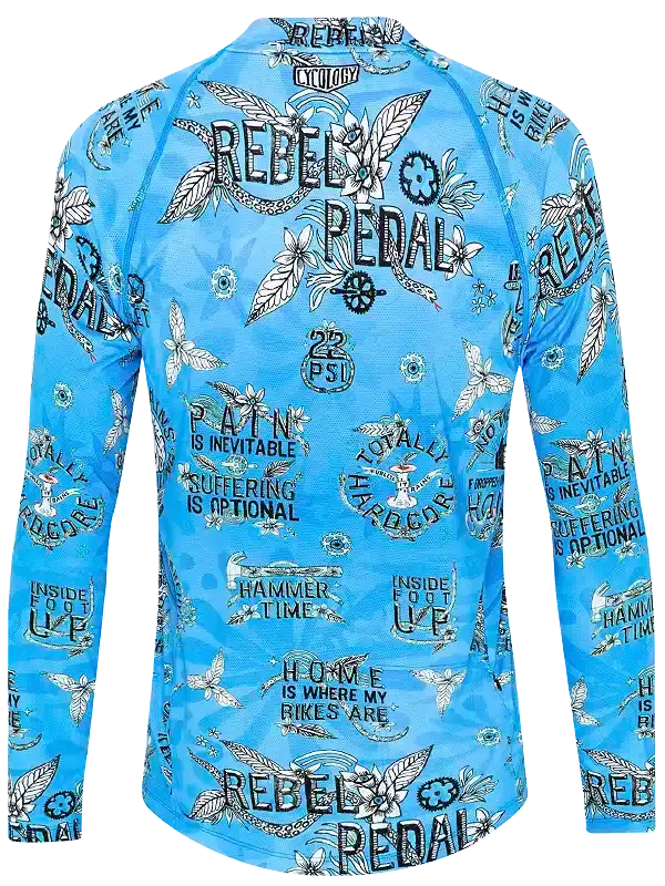 Blue long-sleeve cycling jersey with 'Rebel Pedal' graphic, floral and moto designs, ideal for men's or women's bike rides.