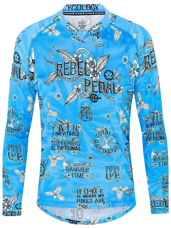 Blue long-sleeve cycling jersey with rebel pedal graphic print, floral patterns, and cycling slogans for men and women