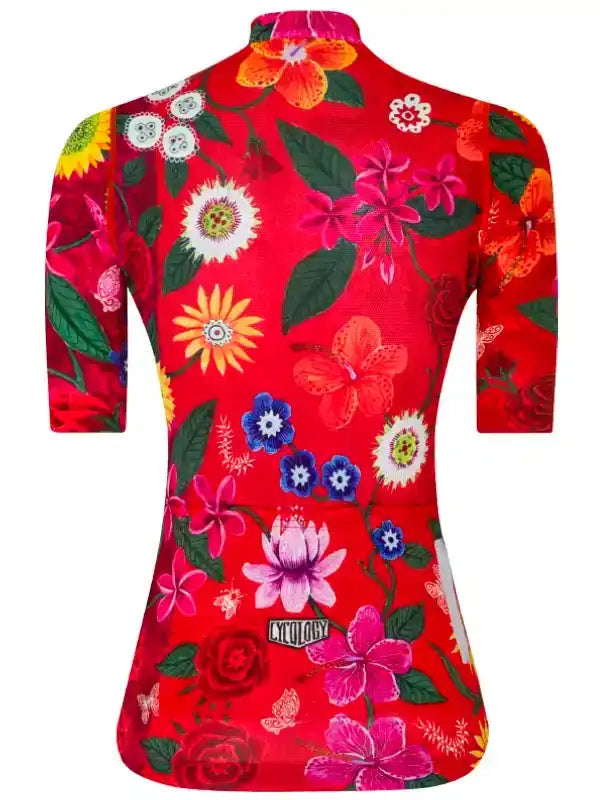 Vibrant red women's cycling jersey with colorful floral print and 3/4 sleeves, ideal for road biking.