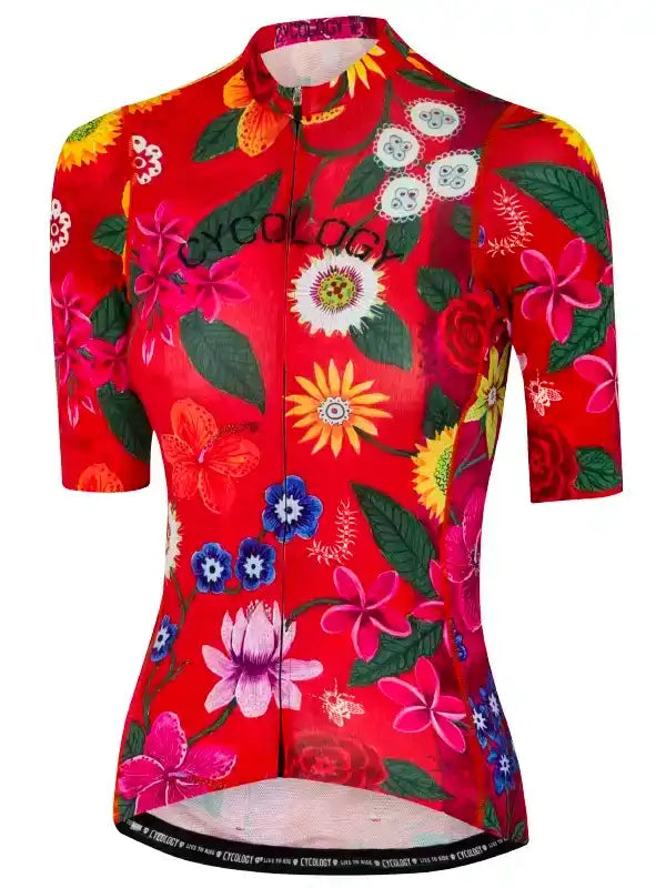 Vibrant red women's cycling jersey with floral print, short sleeves, and full zip for active rides.