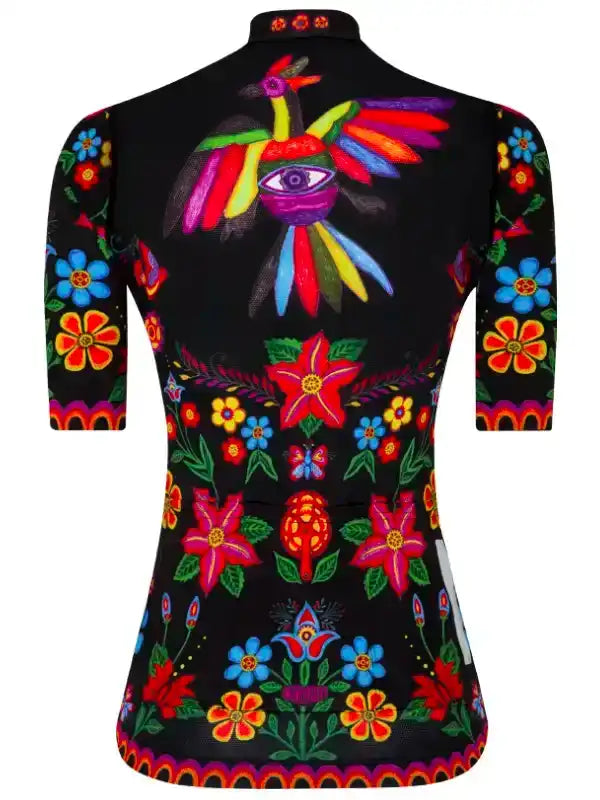 Black women's cycling jersey with vibrant floral and bird design, colorful patterns for road biking