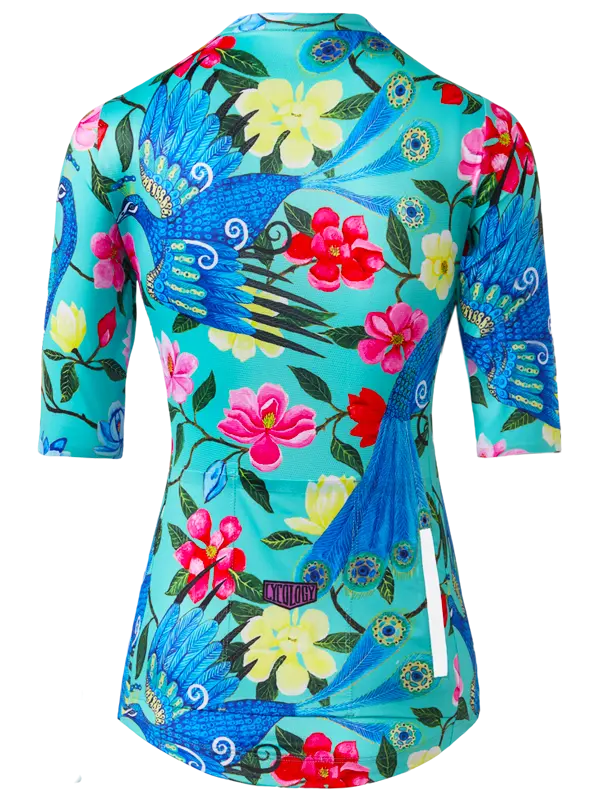 Colorful floral and bird patterned Goddess Blue Women's Reborn Cycling Jersey Cycology