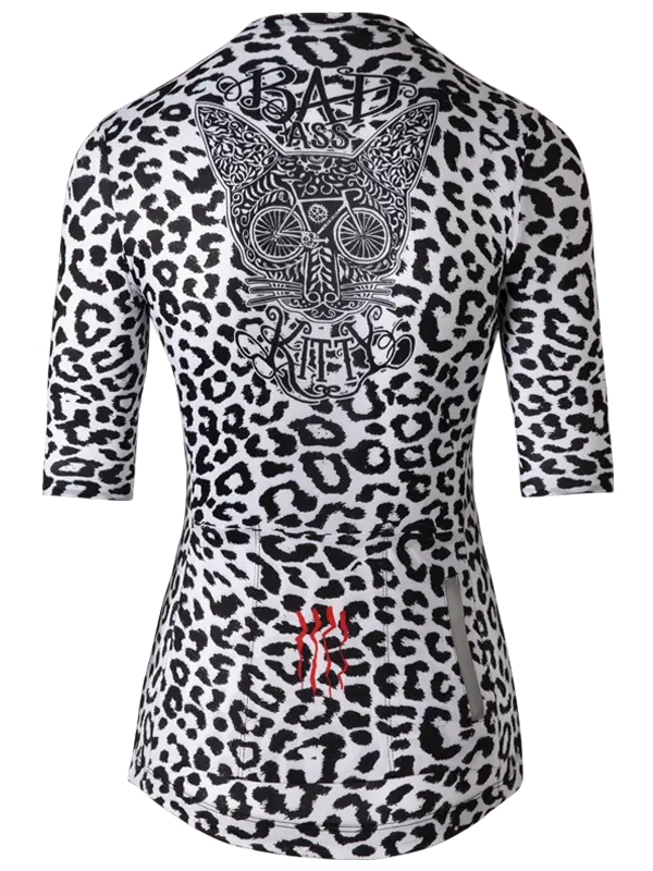 Kitty leopard print cycling jersey with intricate designs and text on a white background