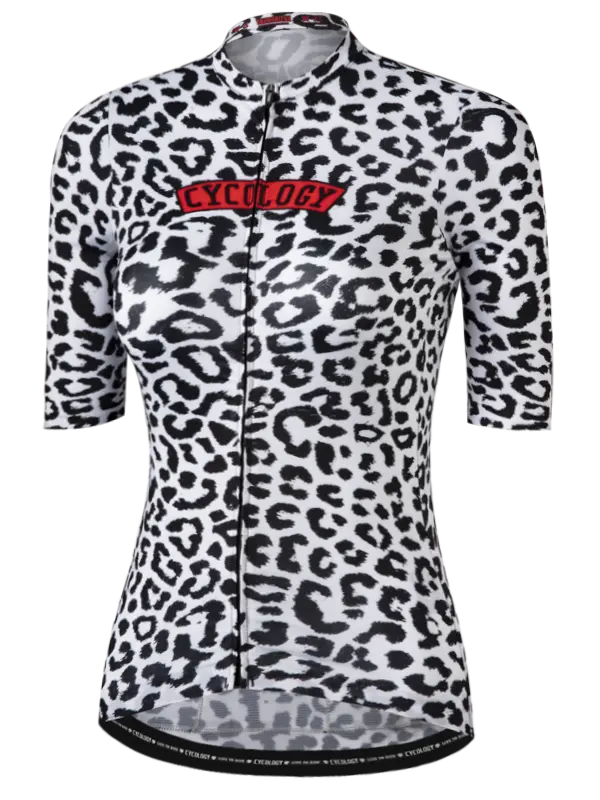 Kitty leopard print cycling jersey with a brand Cycology logo on a white background