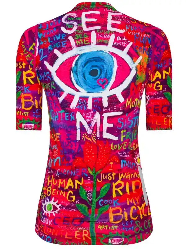 Colorful women's cycling jersey with bold eye graphic and graffiti-style text, perfect for road rides.