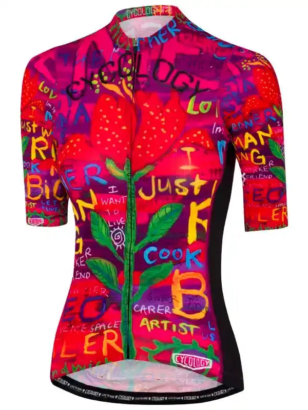 Women's cycling jersey with vibrant strawberry and graffiti print, short sleeves, full zip front