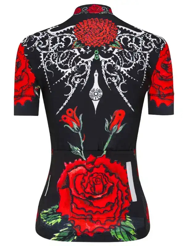 Black women's cycling jersey with bold red rose and white chain graphic design, short sleeve bike apparel