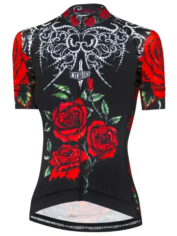Women's black cycling jersey with red rose and white lace print, short sleeves, full zip