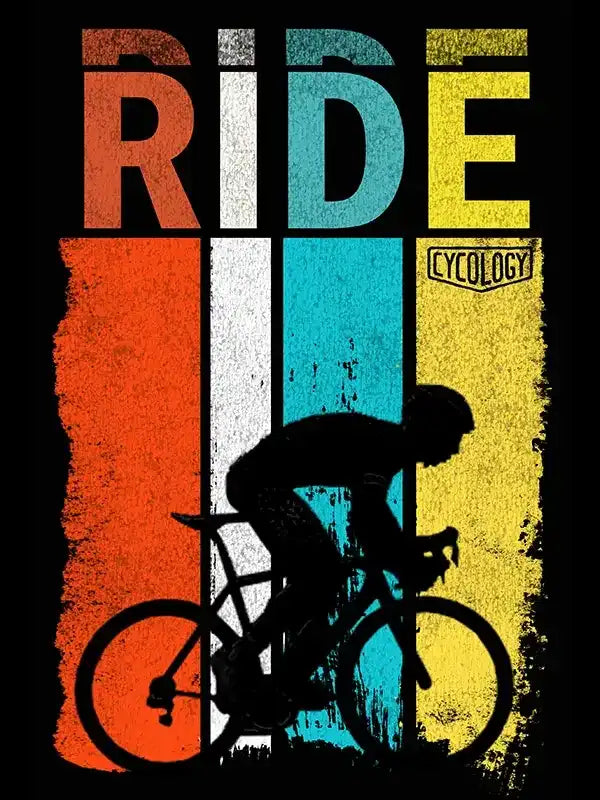 RIDE cycling graphic tee with bold colorful stripes and cyclist silhouette, perfect for bike lovers